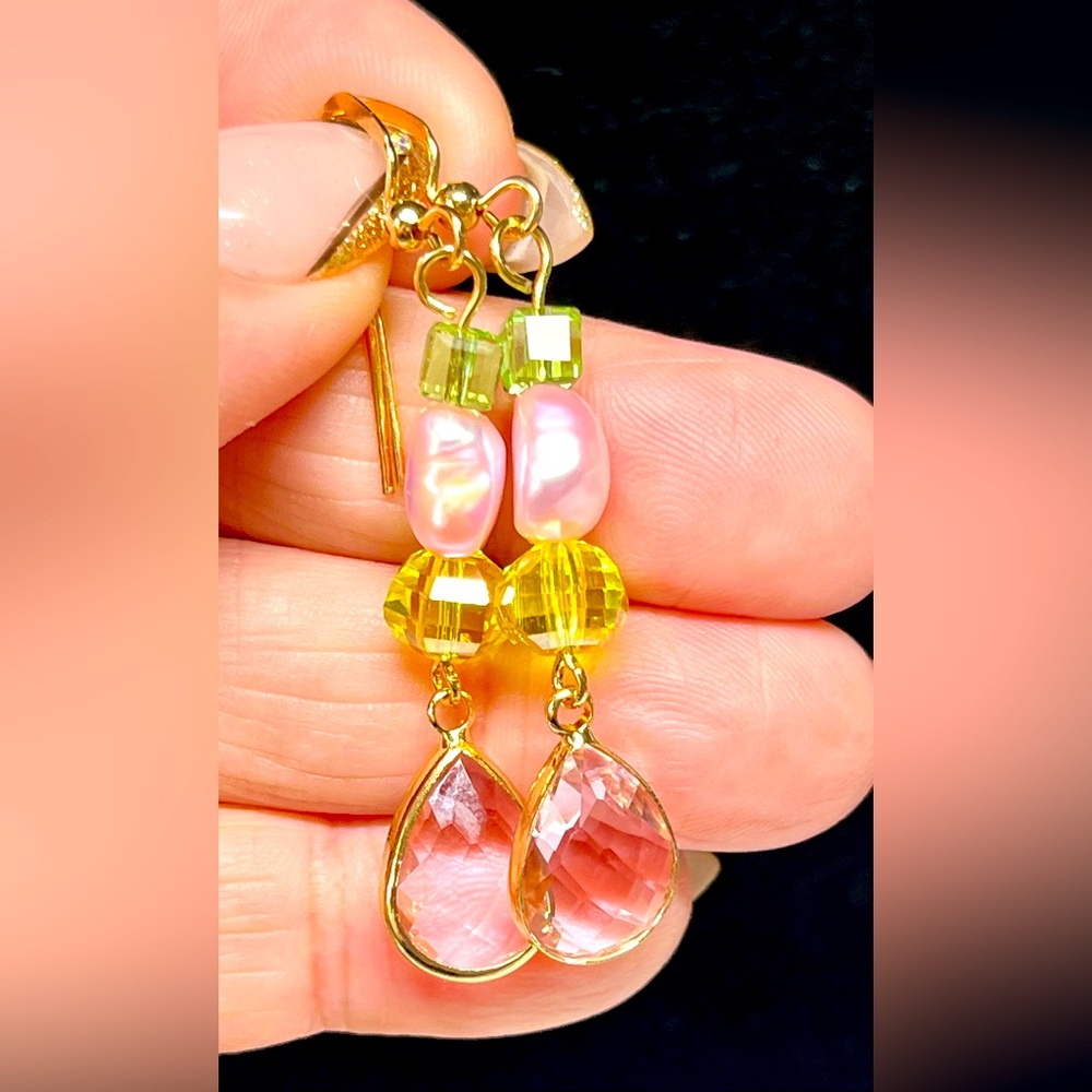 Genuine PINK FRESHWATER Pearl Crystal Earrings-with yellow and green Swarovski